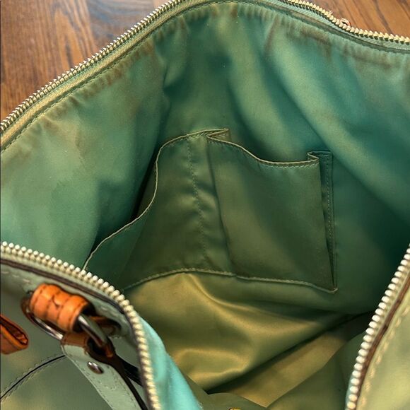 Coach Hallie Leather Colorblock Tote Bag Aqua Blue Lime Green J1294-22430 - Picture 7 of 12